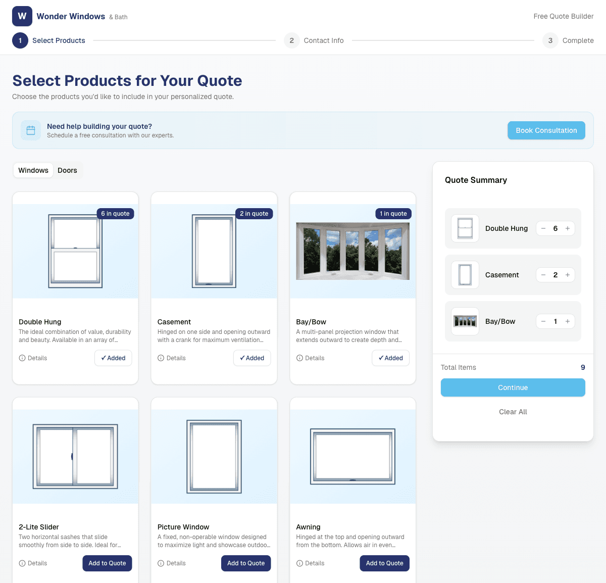 Wonder Windows Quote Builder